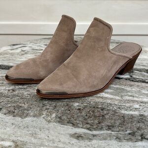 Hayden Taupe Suede Leather Mules Low Block Heel Slip On